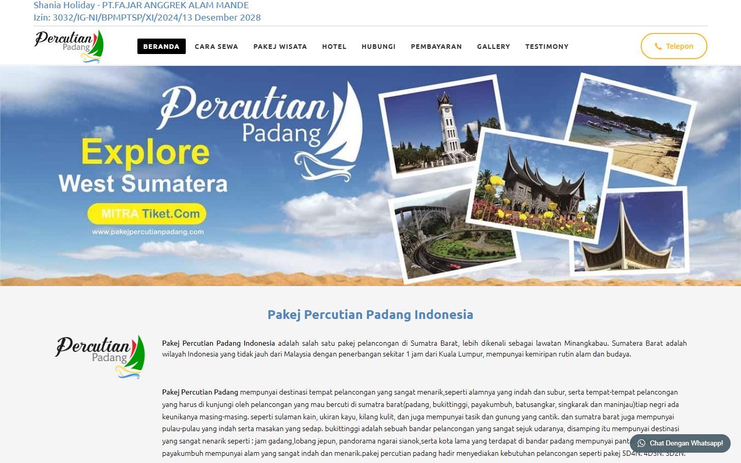 Screenshot website pakejpercutianpadang.com